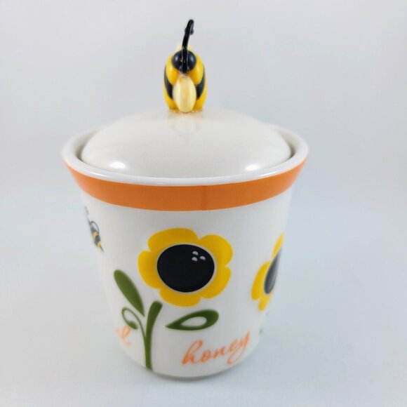 Sunflower Honey Pot Jar Bee Joie Ceramic Dipper White Yellow Flower Miel Read - Picture 5 of 11